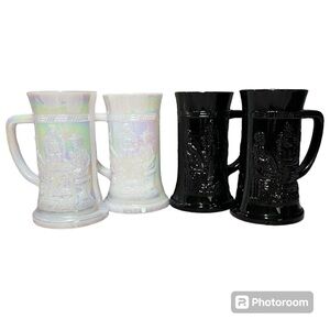 Set of 4 Vintage Federal Milk Glass Steins 2 Pearl Lustre & 2 Tiara Black